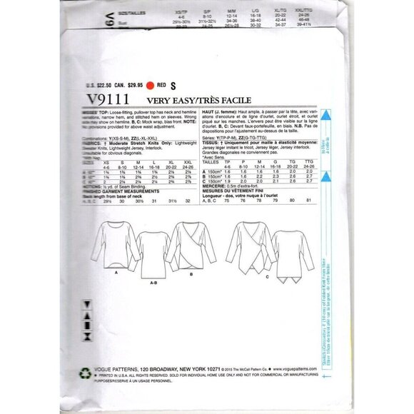 Vogue V9111 Misses L to XXL Very Easy Casual Tops Uncut Sewing Pattern - Picture 2 of 2